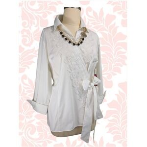 JM Collection Sz 22W Women's Sophisticated White Lace Trim Wrap Shirt Blouse